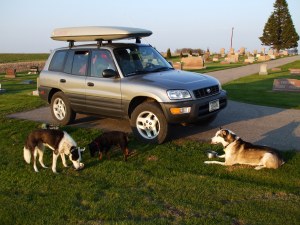 The Toyota Ravioli parked at a cemetery in Texas back when she was just a pup  at only 150,000 miles. Pig, my great Iditarod lead dog, is on the left, Jigs in the center, and Borage to the right.